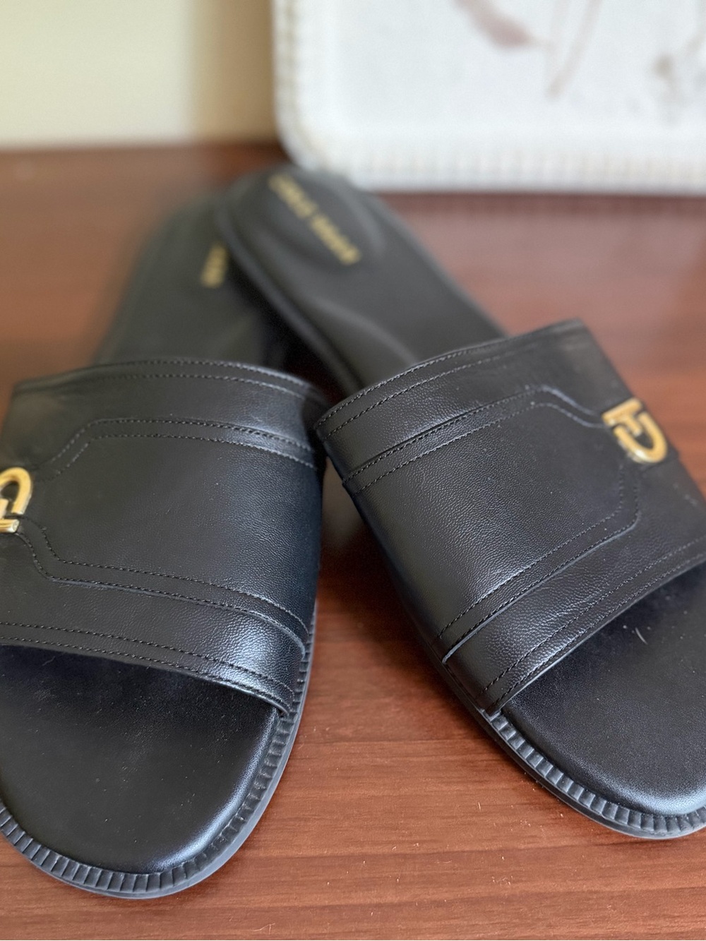 Cole Haan Black Leather Slide Sandals with Gold Accent - Picture 2 of 4